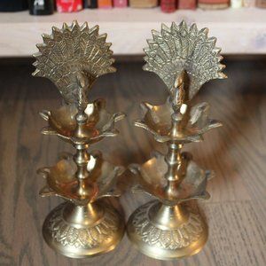 New 2 pc dheepam oil lamps 7.5" brass peacock Diya decor Pooja Puja